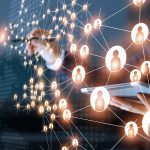Business,Woman,Drawing,Global,Structure,Networking,And,Data,Exchanges,Customer